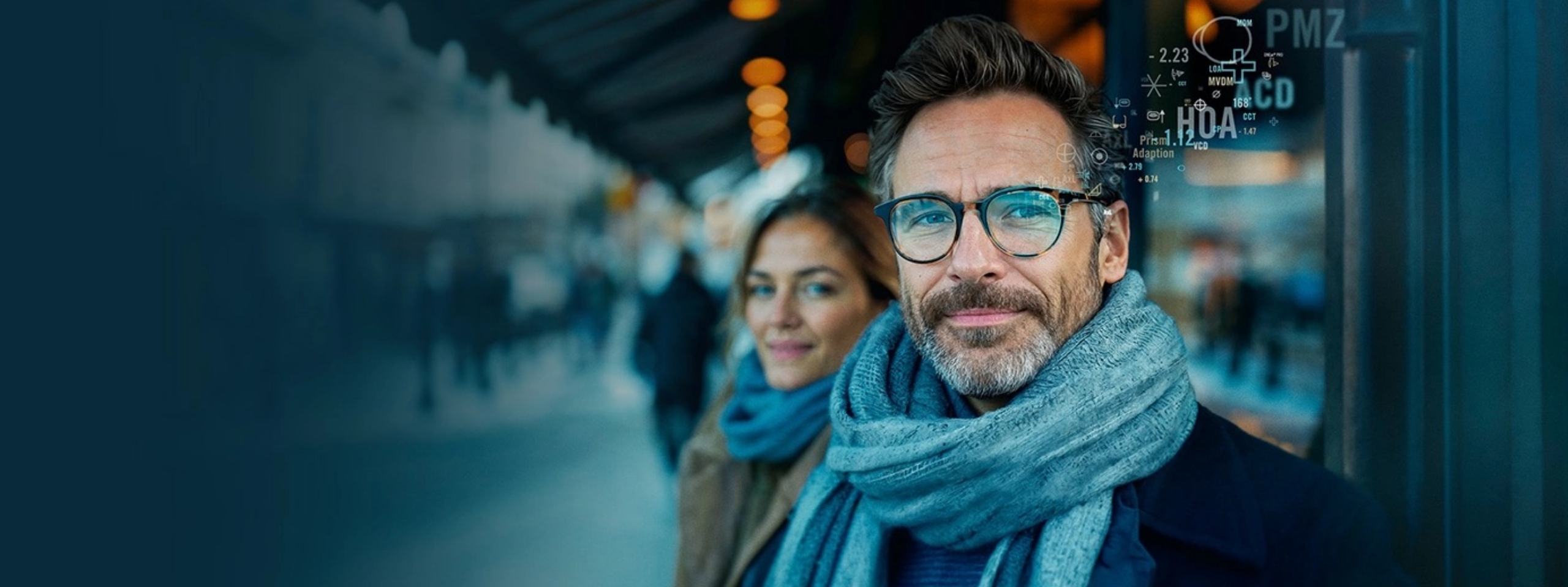 Mann mit Gleitsichtbrille steht auf belebter Straße. Futuristische Grafiken über seinem Kopf deuten die intelligente Brillentechnologie an. 